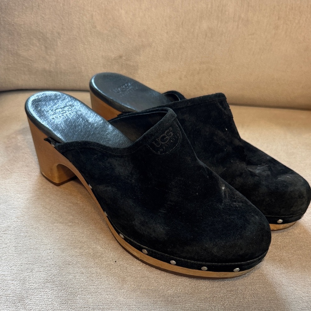 UGG Women's Black Suede Mules with Wooden Heel